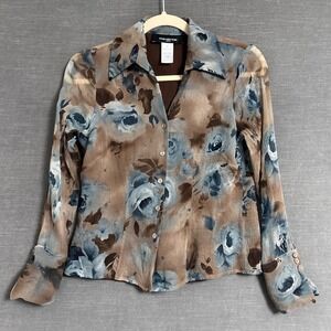 Vintage Jones New York Top 4 Petite Brown Blue Silk Button Semi Sheer 90s Y2K